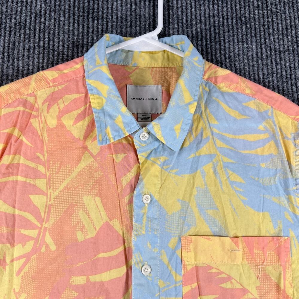 American Eagle Mens Shirt‎ Large Blue Orange Floral Short Sleeve Button Up